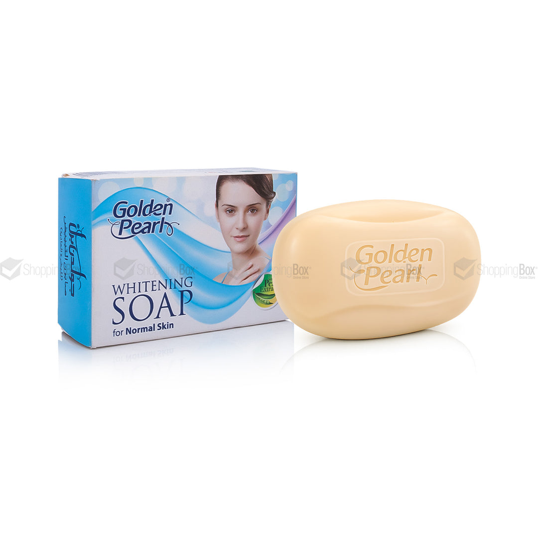 Golden Pearl Whitening Soap 100gm box and soap front for normal skin