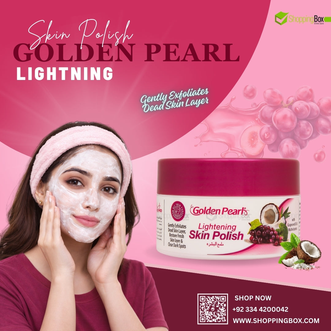 Woman applying Golden Pearl Skin Polish with product packaging on a pink background