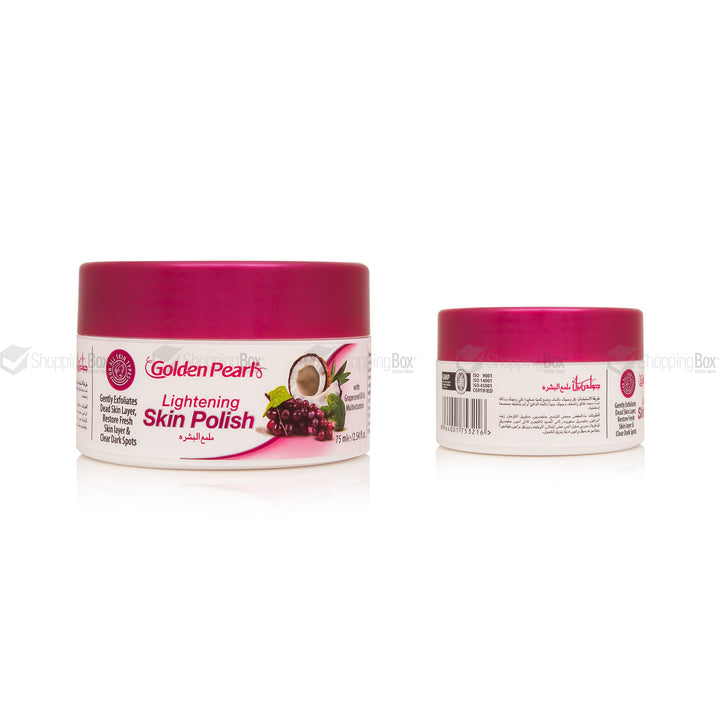 Two jars of Golden Pearl Lightening Skin Polish on a white background