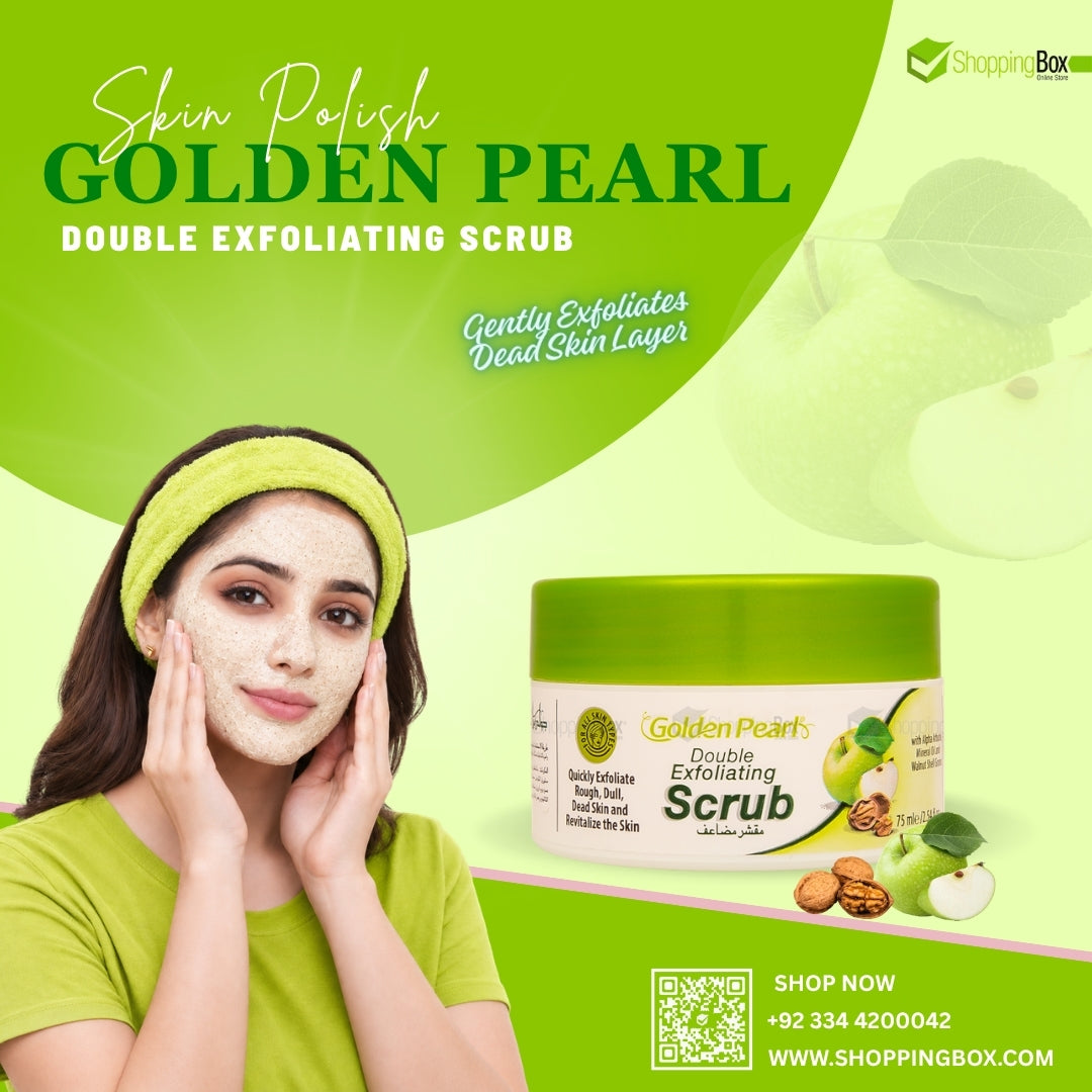 Promotional ad for Shopping Box Golden Pearl Double Exfoliating Scrub, featuring a woman in a green headband applying a green face mask, alongside the product jar on a bright green background with text overlays.