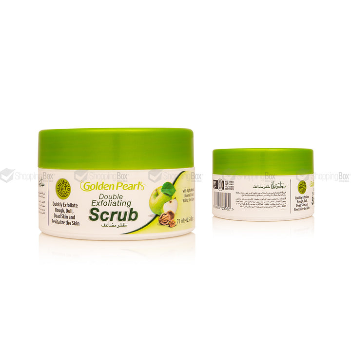 Two jars of Golden Pearls Double Exfoliating Scrub shown on a white background, with one jar displaying the front label and the other showing the side label.