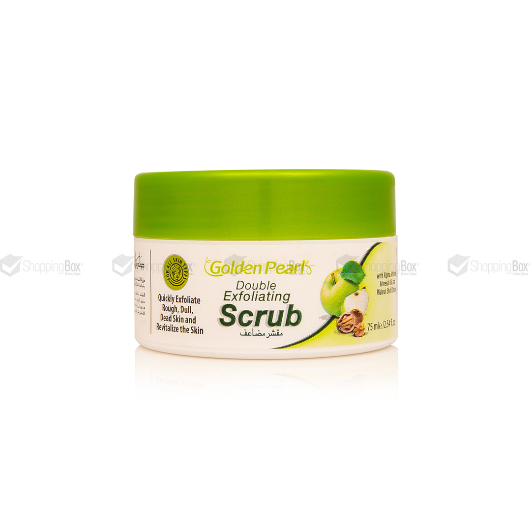 A jar of Golden Pearls Double Exfoliating Scrub with a bright green lid and a white label featuring green and gold text, set against a plain white background.