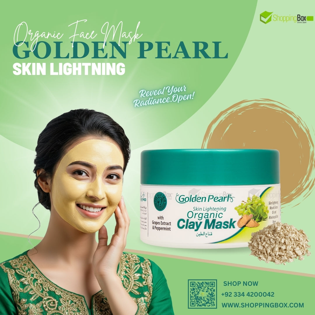 Woman applying Golden Pearl organic clay mask with product packaging on a green background for Shopping Box Poster.