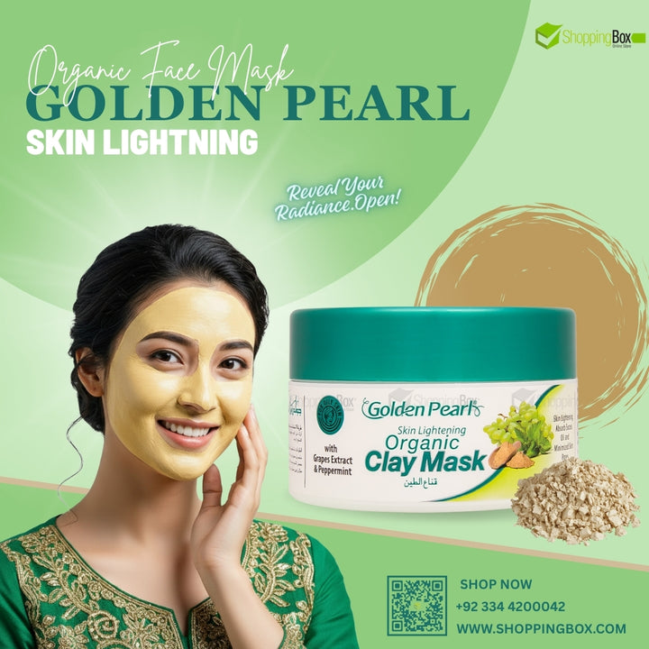 Woman applying Golden Pearl organic clay mask with product packaging on a green background for Shopping Box Poster.