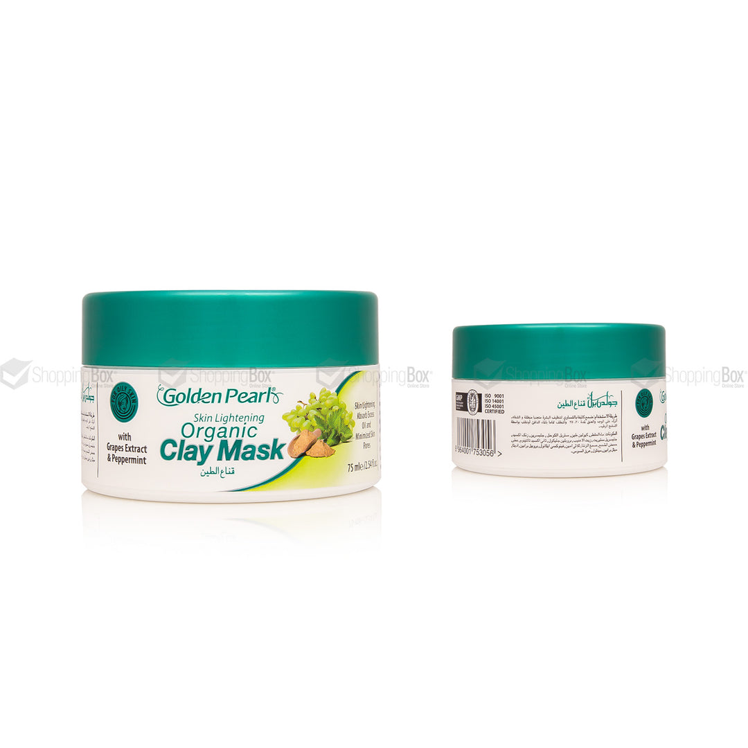 Golden Pearl Skin Lightening Organic Clay Mask 75ml front and back jar view.