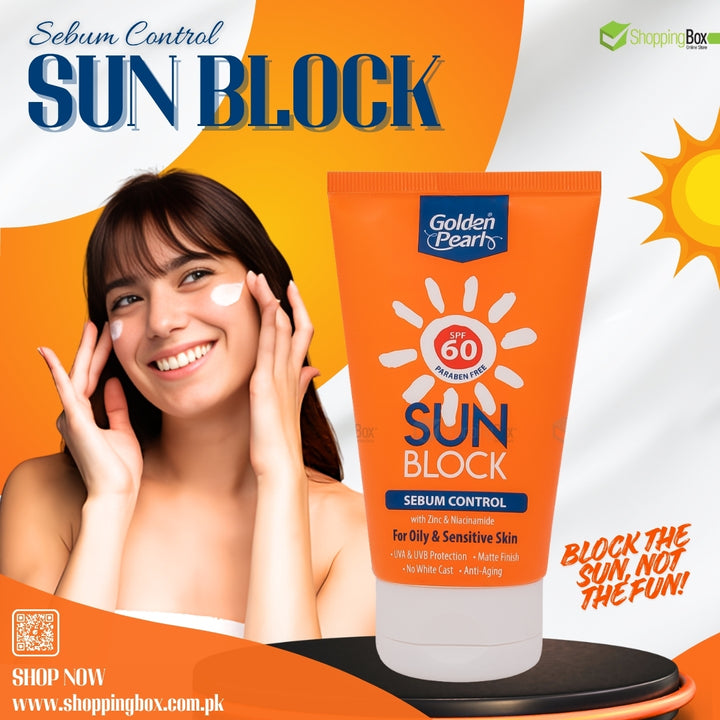 Sun block cream with a woman applying it, on an orange and white background.