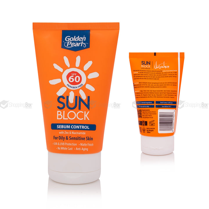 Orange tube of Golden Pearl Sun Block 100 ml with SPF 60 on a white background