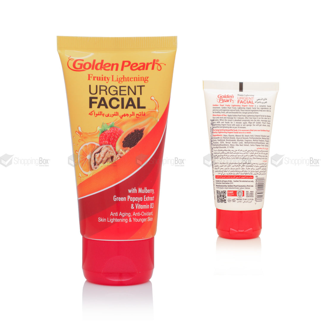 Golden Pearl Fruity Lightening Urgent Facial 75ml tube front and back packaging