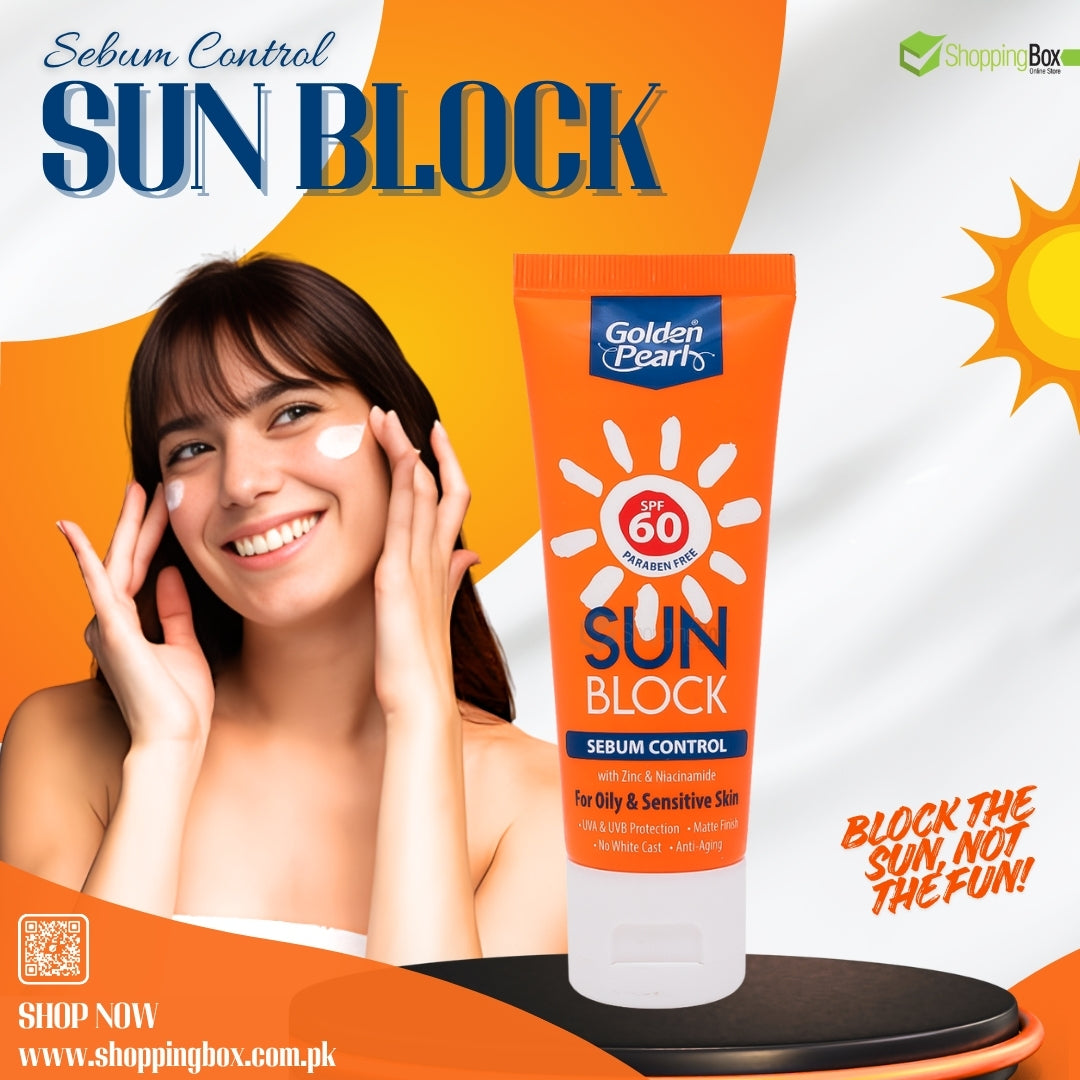 Sun block cream tube with a woman applying it, on an orange and white background.