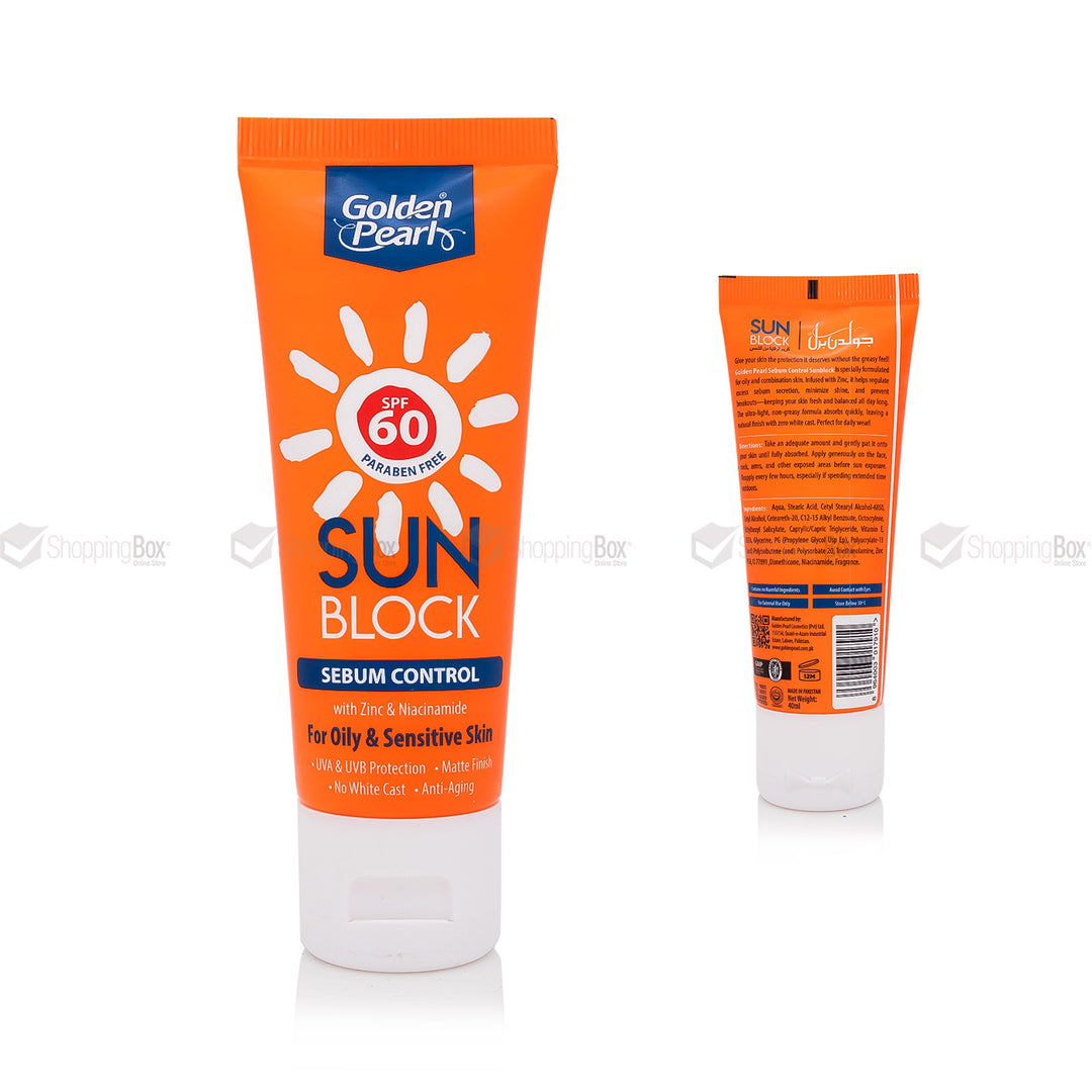 Orange tube of Golden Pearl Sun Block 40 ml SPF 60 on a white background