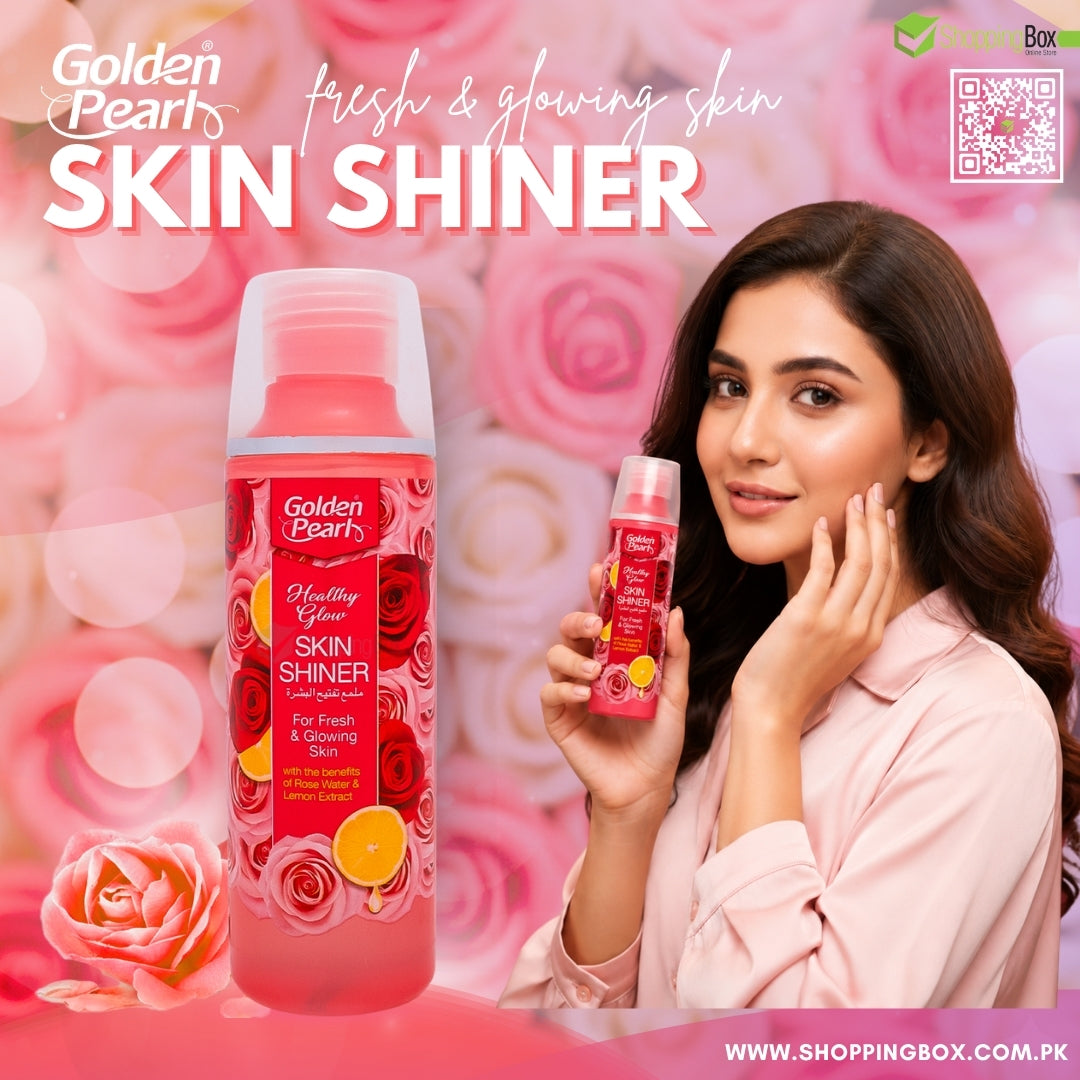 Golden Pearl Healthy Glow Skin Shiner 150ml bottle holding a beautiful model for Shopping Box Social Media poster 