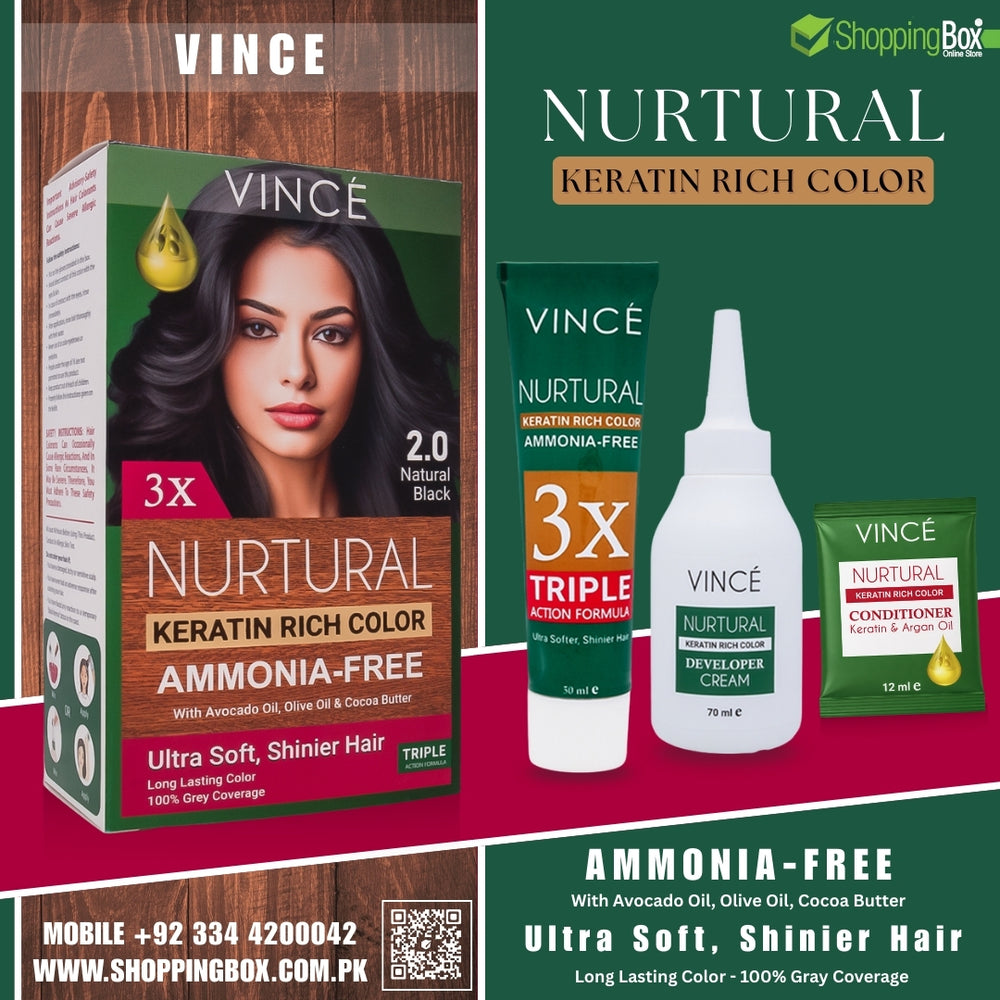 Vince Nurtural Keratin Rich Color 2.0 Natural Black front with picture of model Applied black 2.0 color and back side of box showing shade guide & details. Poster Advertisement  for Shopping Box Online Store.