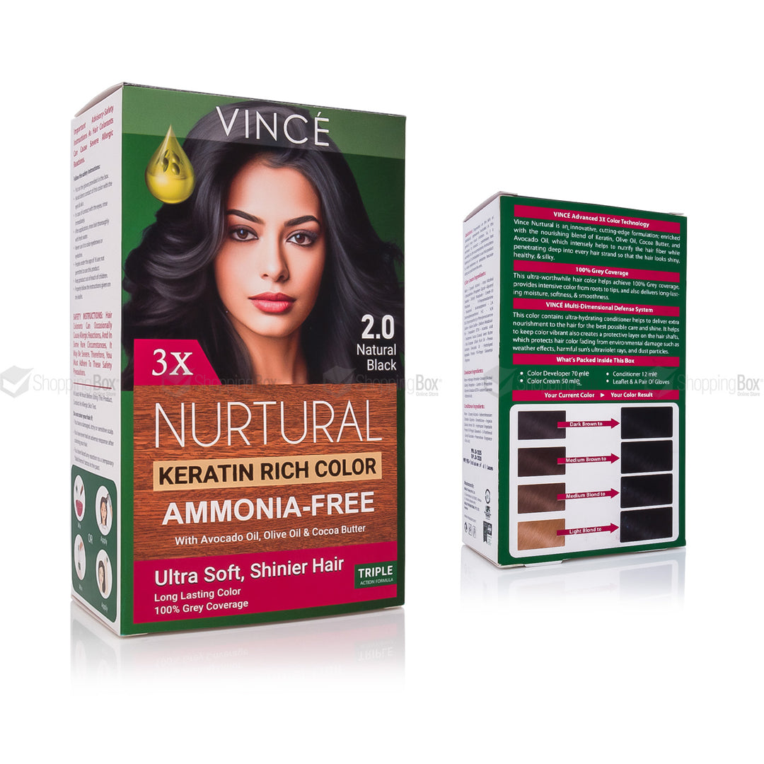 Vince Nurtural Keratin Rich Color 2.0 Natural Black front with picture of model Applied black 2.0 color and back side of box showing shade guide & details.
