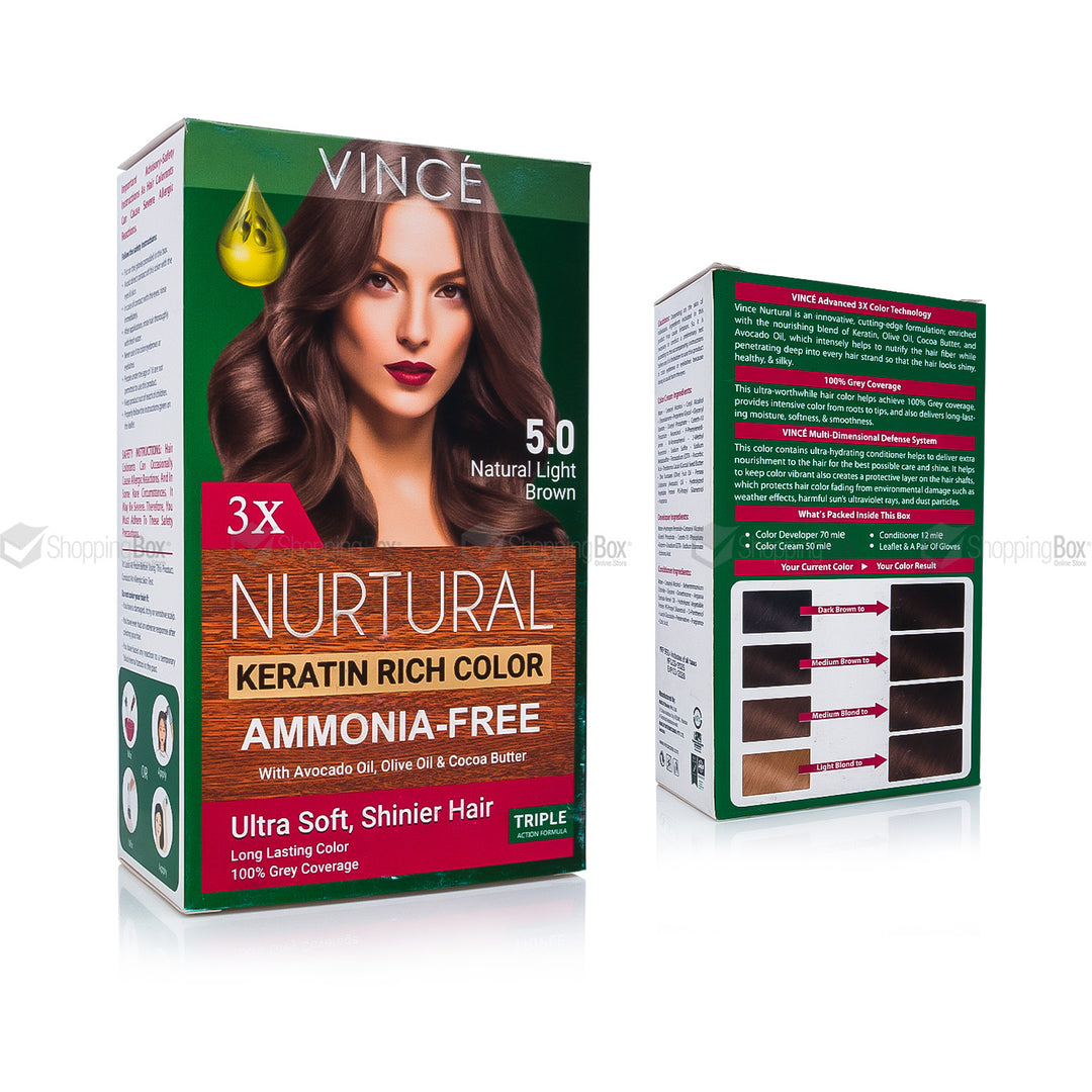 Vince Nurtural Keratin Rich Color 5.0 Natural Light Brown front packaging back box with shade chart