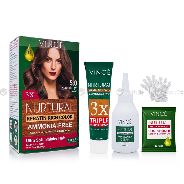 Vince hair care products including a box, tube, and packets on a white background