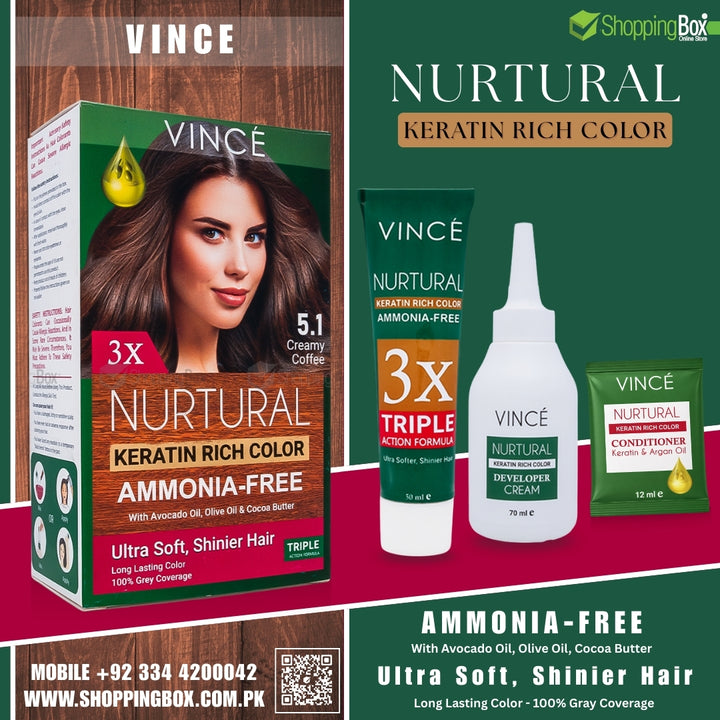 Vince Nurtural Keratin Rich Color hair dye packaging with additional products on a colorful background.