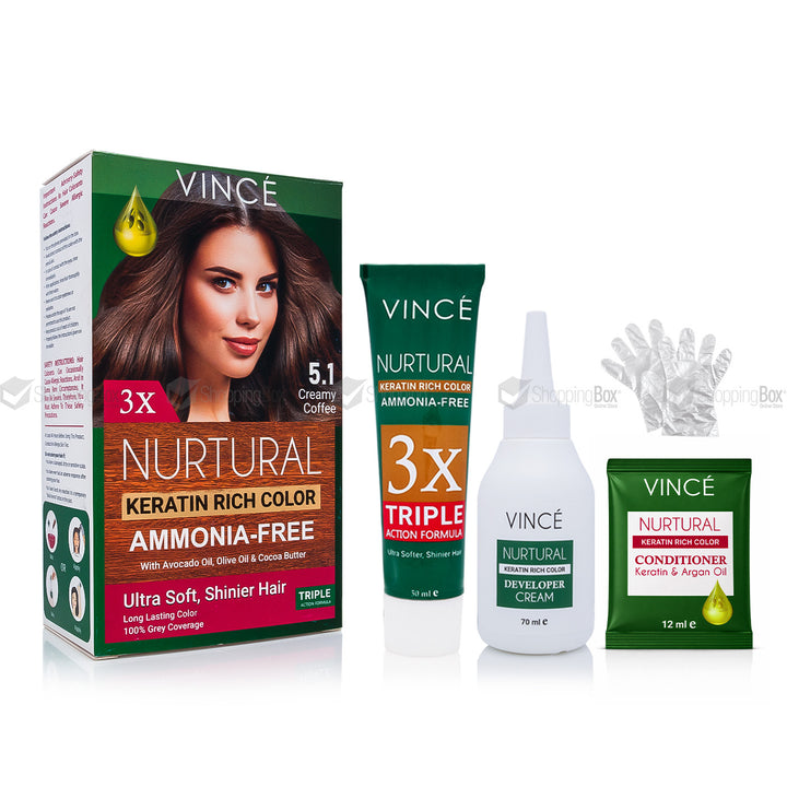 Vince hair care products including a box, tube, and packets on a white background