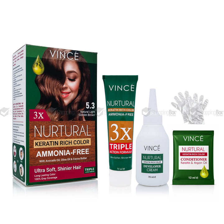 Vince hair care products including a box, tube, and packets on a white background