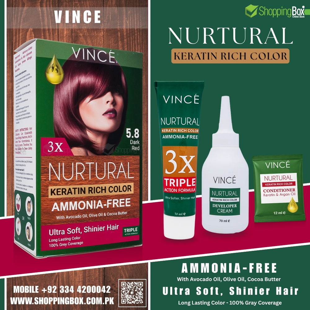 Vince hair color product packaging with bottles and cream on a green and red background.