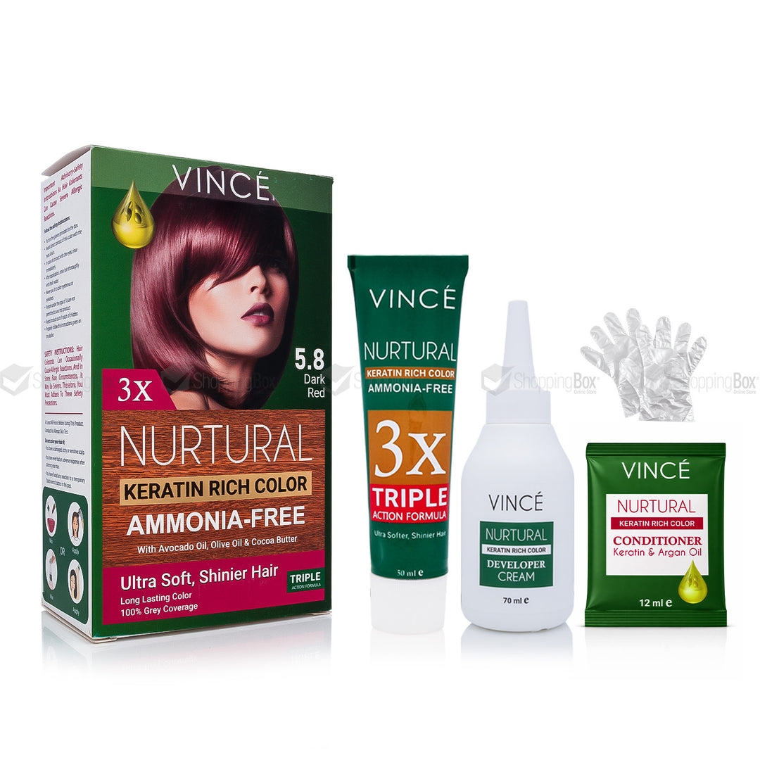 Vince hair care products including a box, tube, and packets on a white background