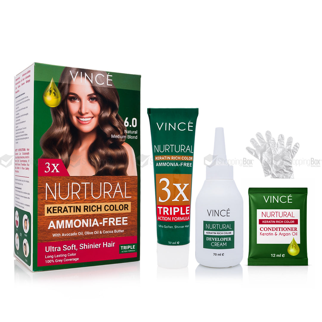 Vince hair care products including a box, tube, and packets on a white background
