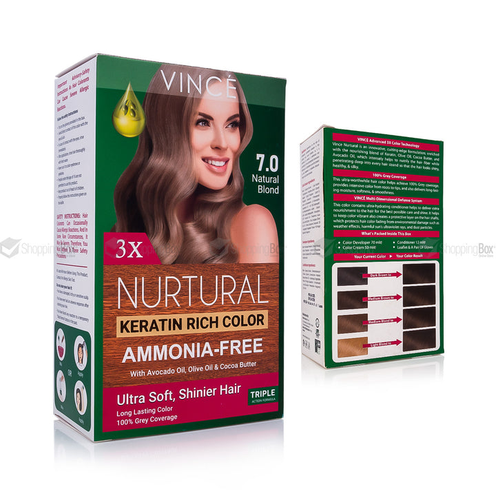 Vince Nurtural Keratin Rich Color hair dye in shade 7.0 Natural Blonde, shown in its green and brown retail box with a smaller side panel displaying additional text and shade swatches, on a white background.