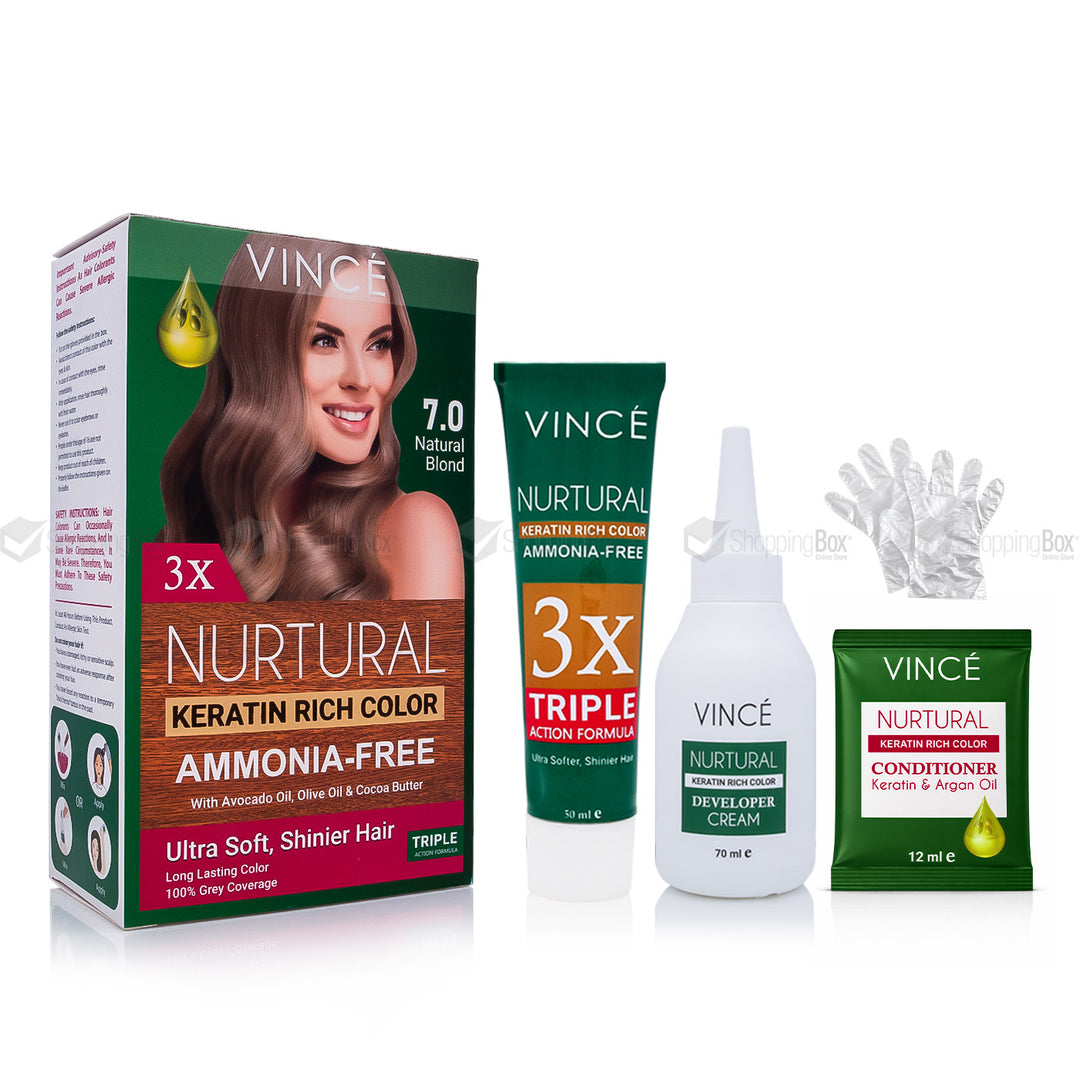 Vince Nurtural hair dye kit containing a box of hair color, a tube of developer cream, a bottle of cream, and a conditioner packet, all on a white background.