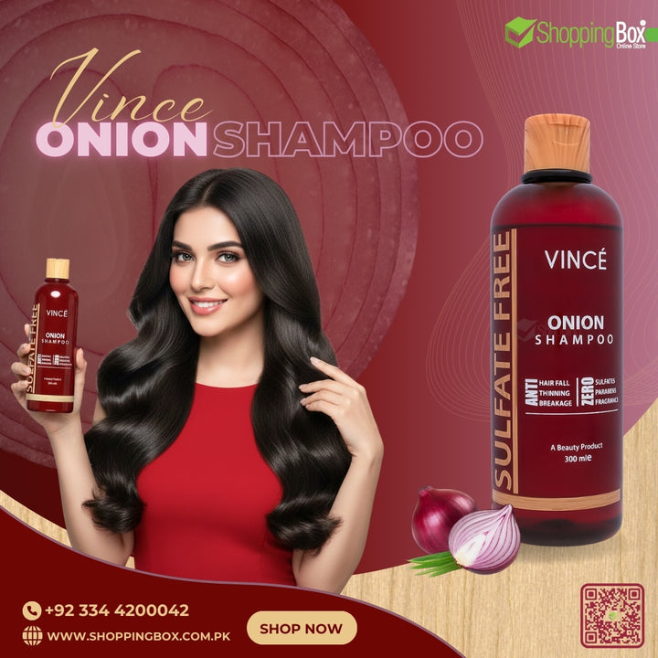 Advertisement for Vince Onion Shampoo with a woman holding the product and a bottle of shampoo on a red background.