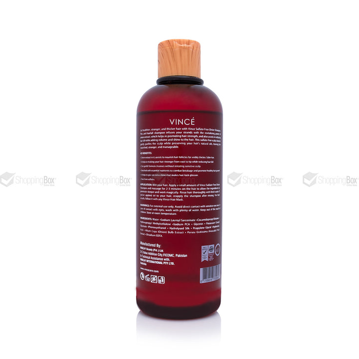 Vince Sulfate Free Onion Shampoo back side with a cork cap on a white background