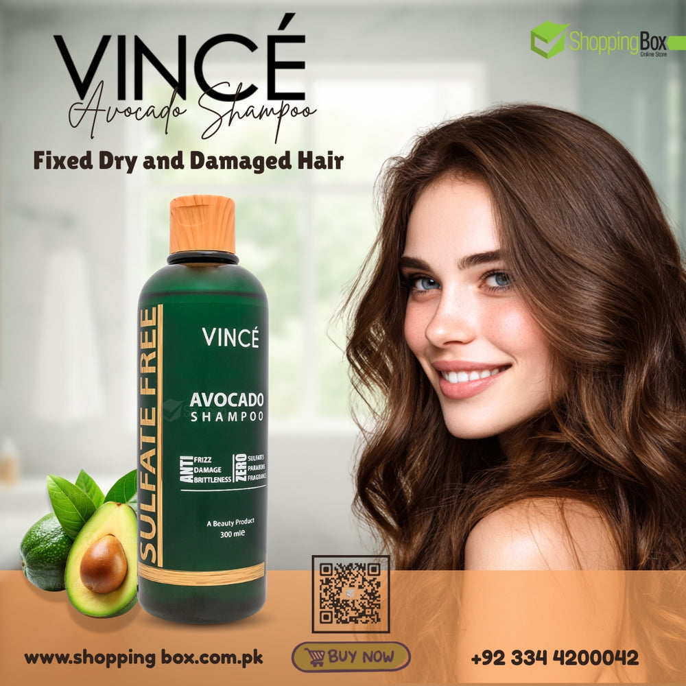 Lifestyle image of Vince Avocado Shampoo with smooth healthy hair model.