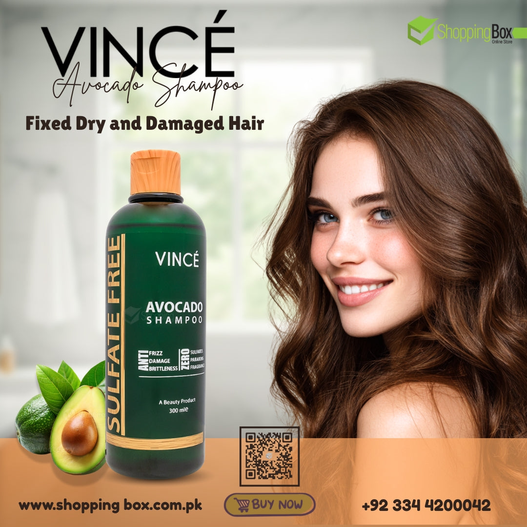 Lifestyle image of Vince Avocado Shampoo with smooth healthy hair model.