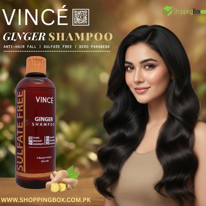 Vince Ginger Shampoo promotional poster with female model and ginger extract theme