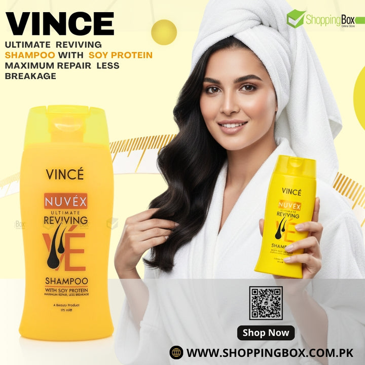 Woman holding a bottle of Vince Nuvex shampoo with promotional text and ShoppingBox logo.