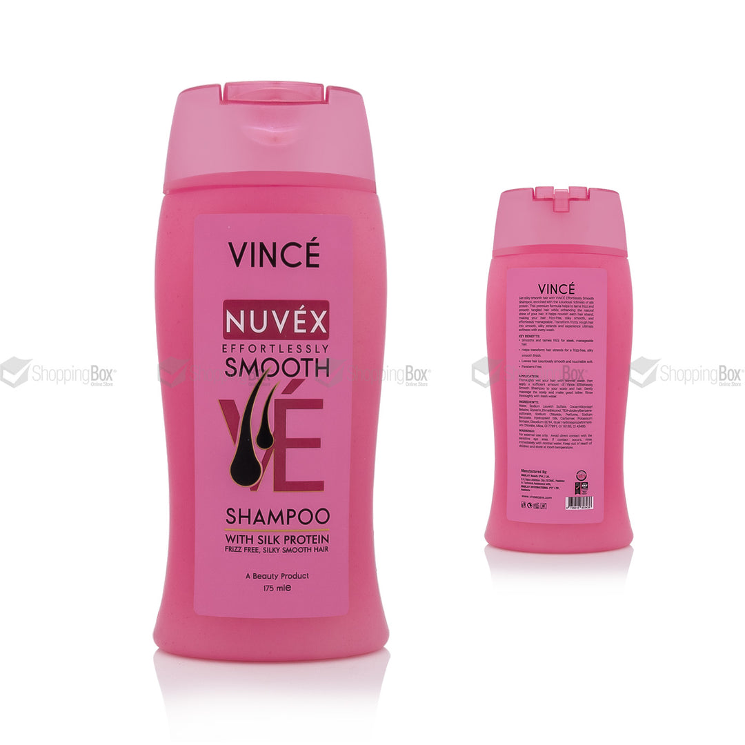 Front view of Vince NUVÉX Effortlessly Smooth Shampoo 175ml with silk protein label.