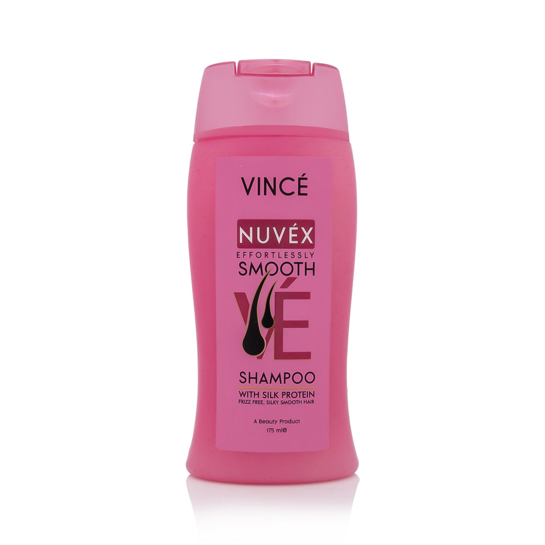 Pink shampoo bottle with 'Vince' and 'Nuvéx' branding on a white background