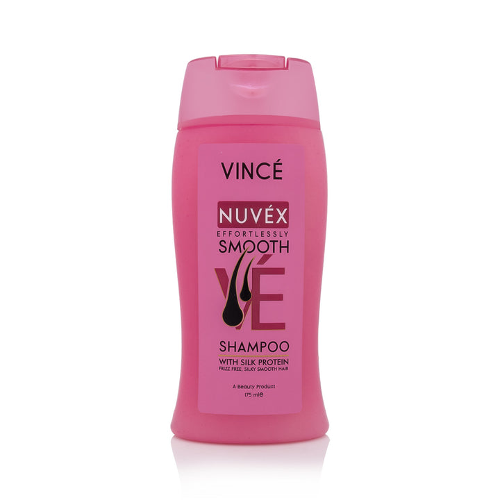 Pink shampoo bottle with 'Vince' and 'Nuvéx' branding on a white background