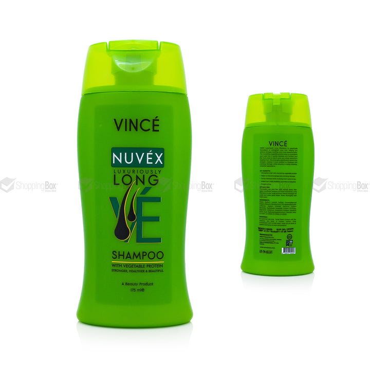 Two green bottles of VINCÉ Nuvéx Long VE Shampoo shown on a white background, with one bottle facing forward and the other showing the back label.