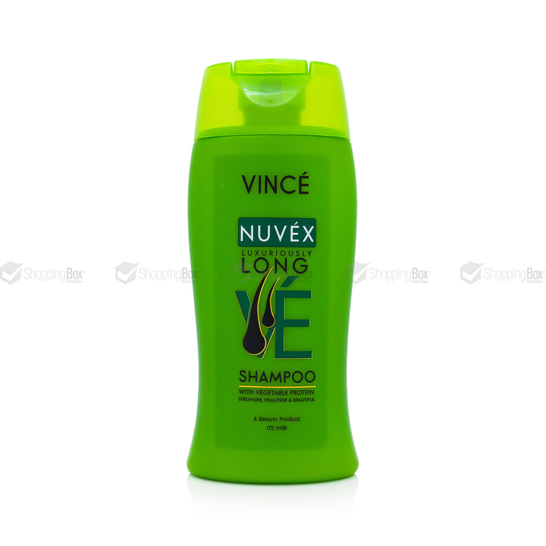 A green bottle of VINCÉ NUVÉX LONG VE shampoo, featuring a bright lime green cap and a matching green body with black and white text, set against a plain white background with faint watermark text.