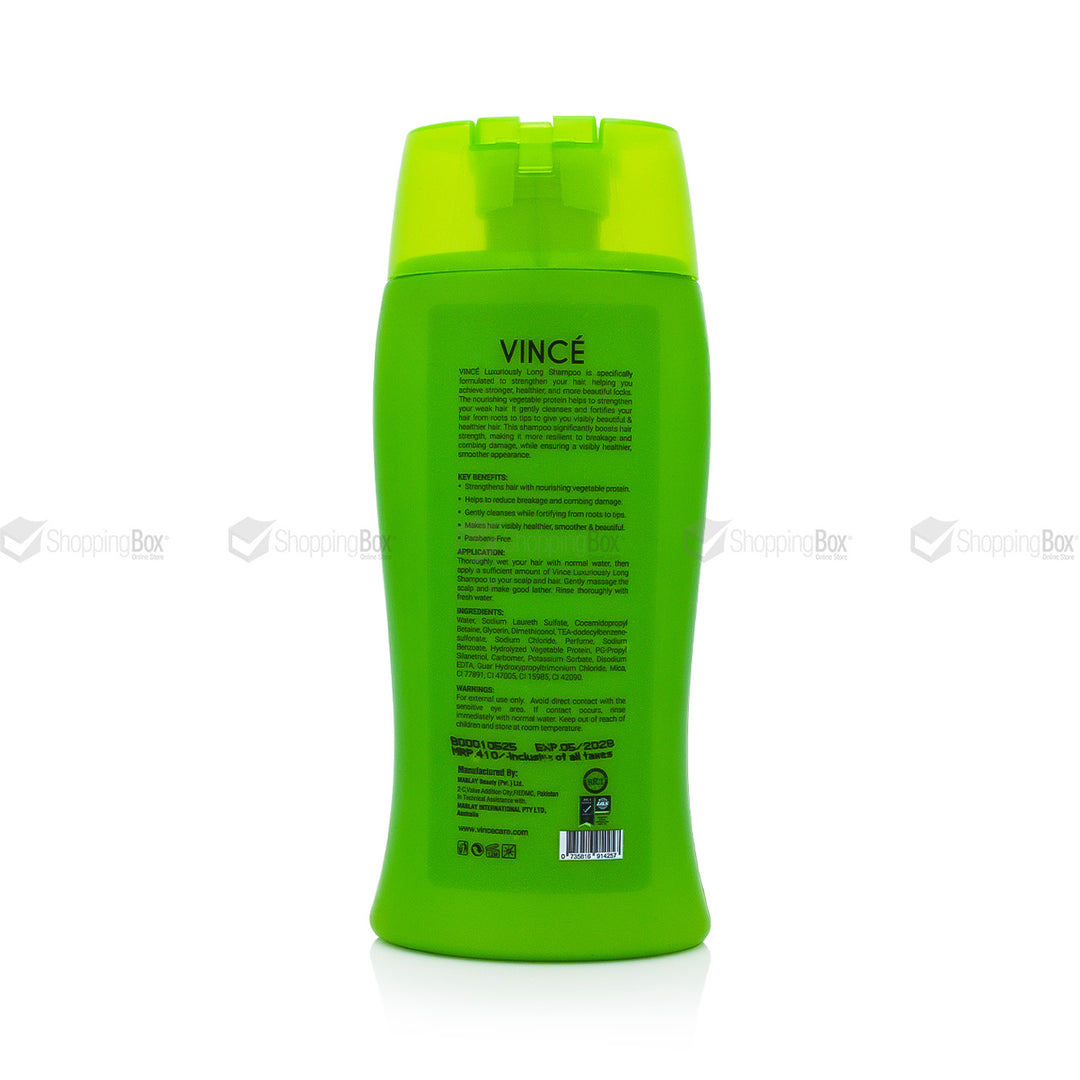 A bright green bottle of Vincé hair care product shown from the back on a white background with shopping box watermark text.
