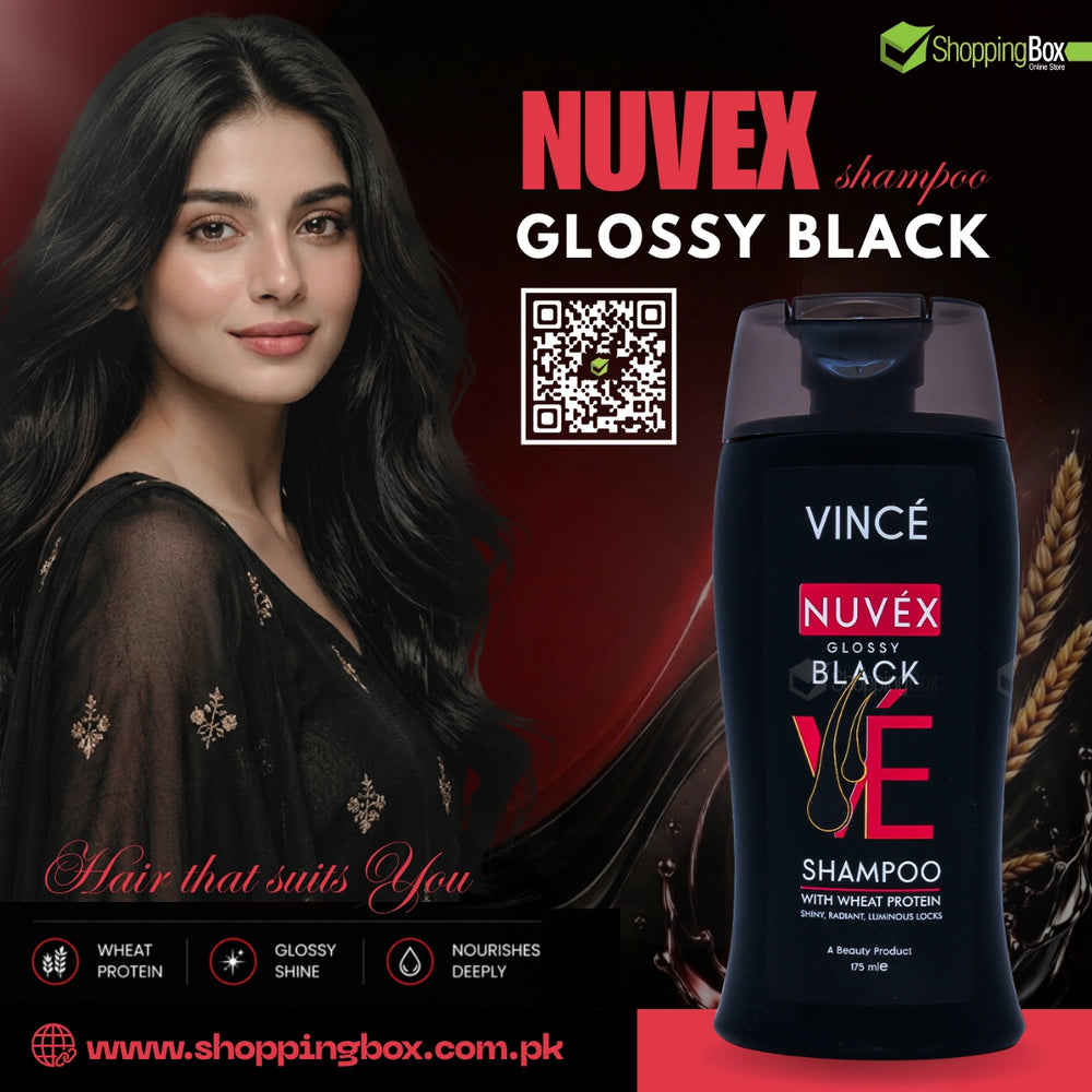 Advertisement for Néuvex shampoo with a woman and product packaging on a dark background