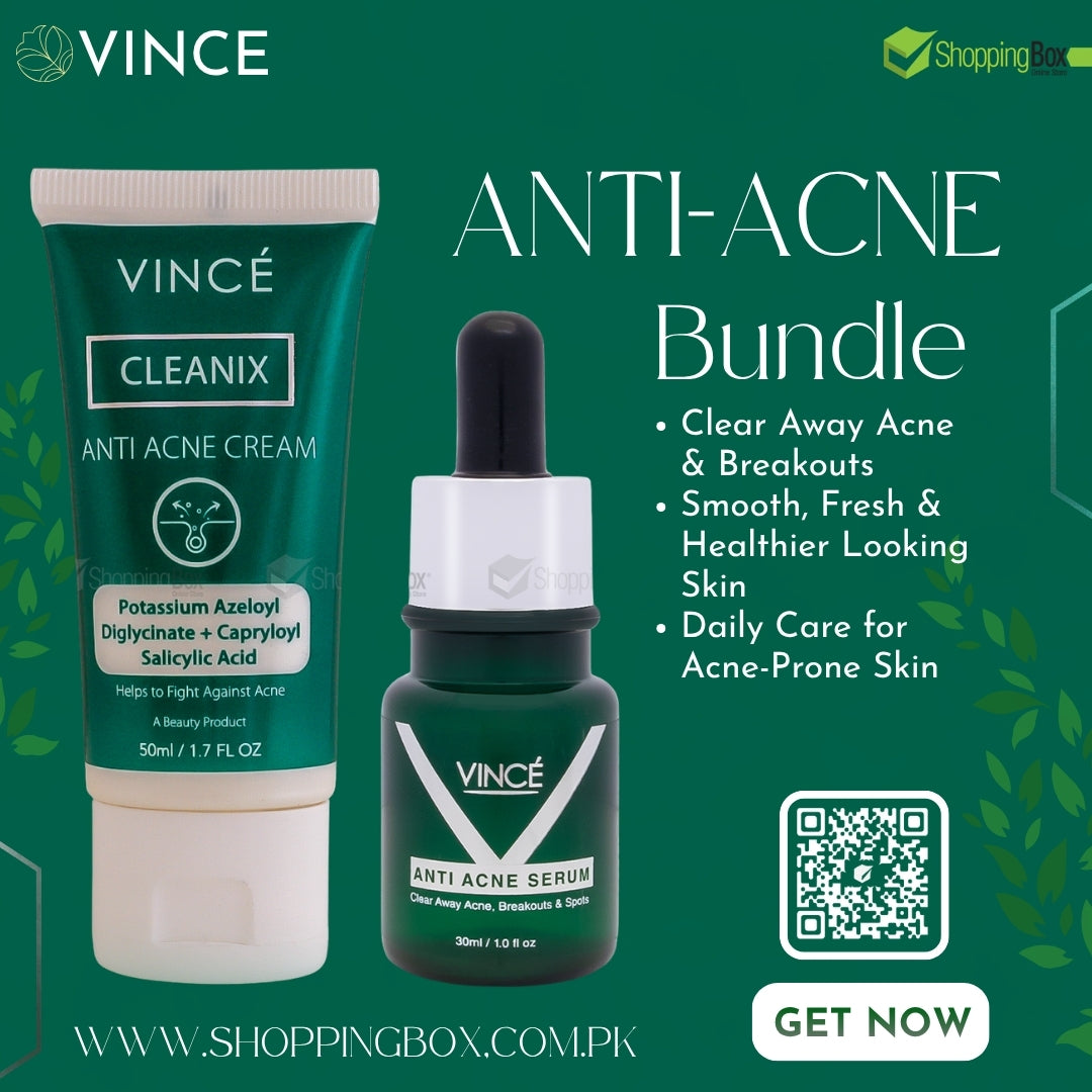 Vince anti-acne cream and serum bundle on a green background with product details.