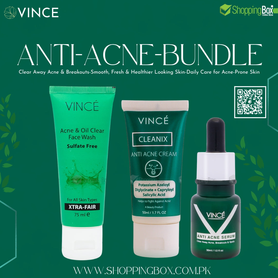 Vince anti-acne bundle with face wash, cream, and serum on a green background