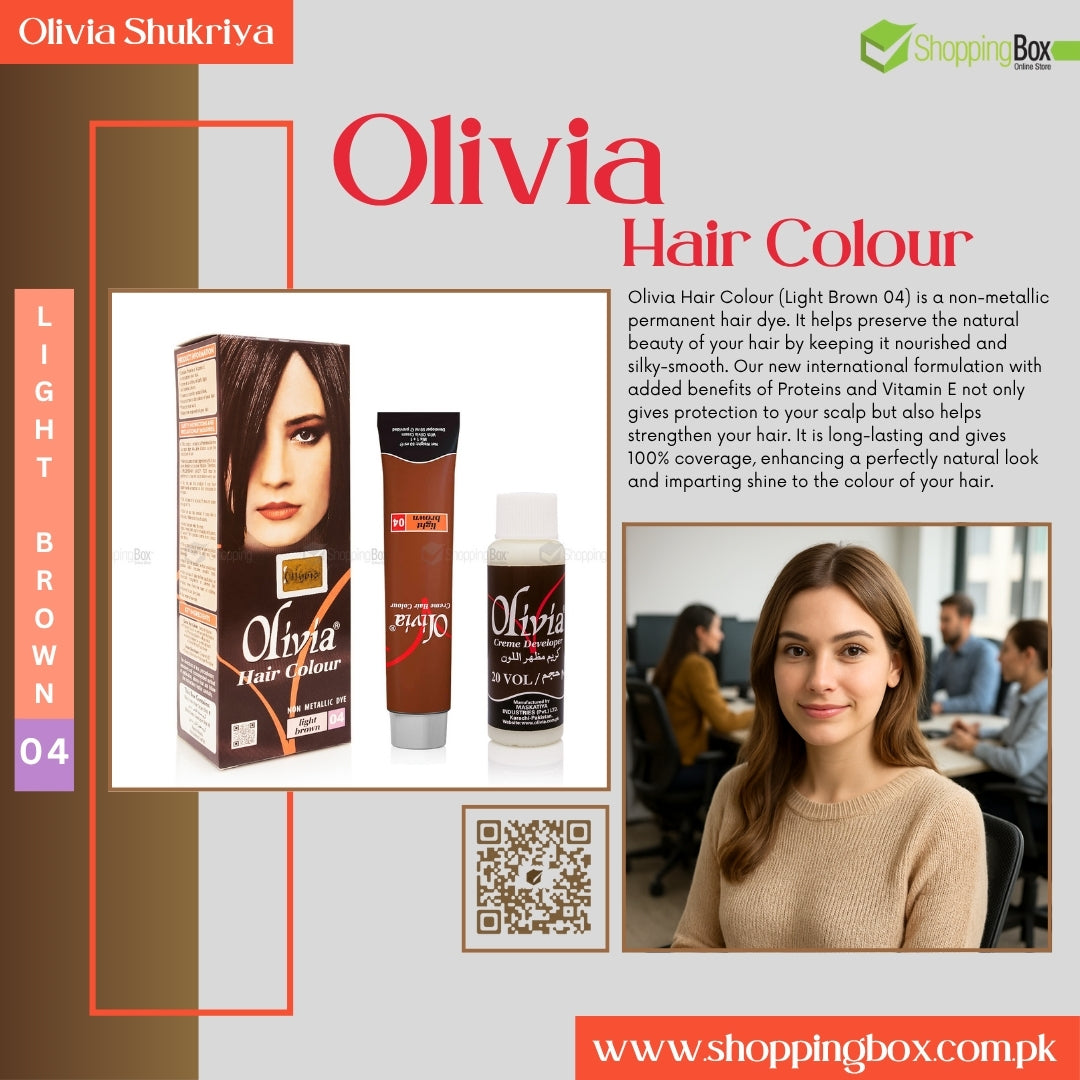Shopping Box Advertisement poster for Olivia Hair Color-04 Light Brown with product packaging and a woman using the product.