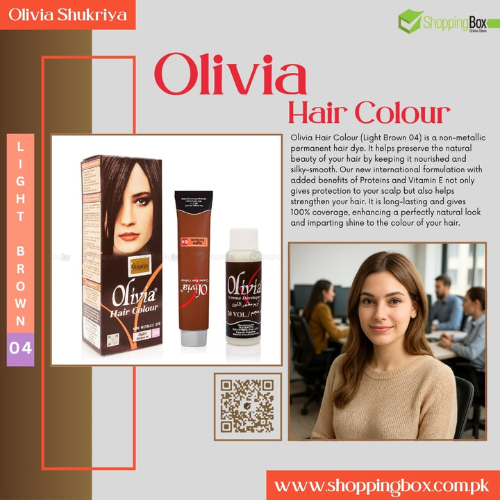 Shopping Box Advertisement poster for Olivia Hair Color-04 Light Brown with product packaging and a woman using the product.
