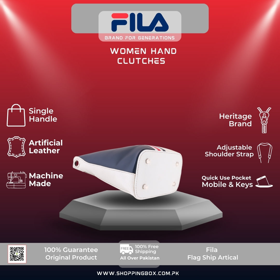 FILA HAND BAG WHITE BASE WITH VIBRANT BLUE AND RED STRIPES