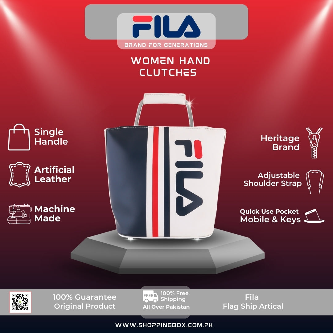 FILA HAND BAG WHITE BASE WITH VIBRANT BLUE AND RED STRIPES