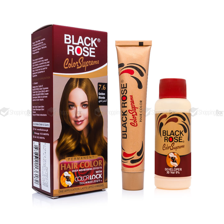 Black Rose Color Supreme 7.6 Golden Blonde – herbal ammonia-free warm blonde hair dye with golden glow