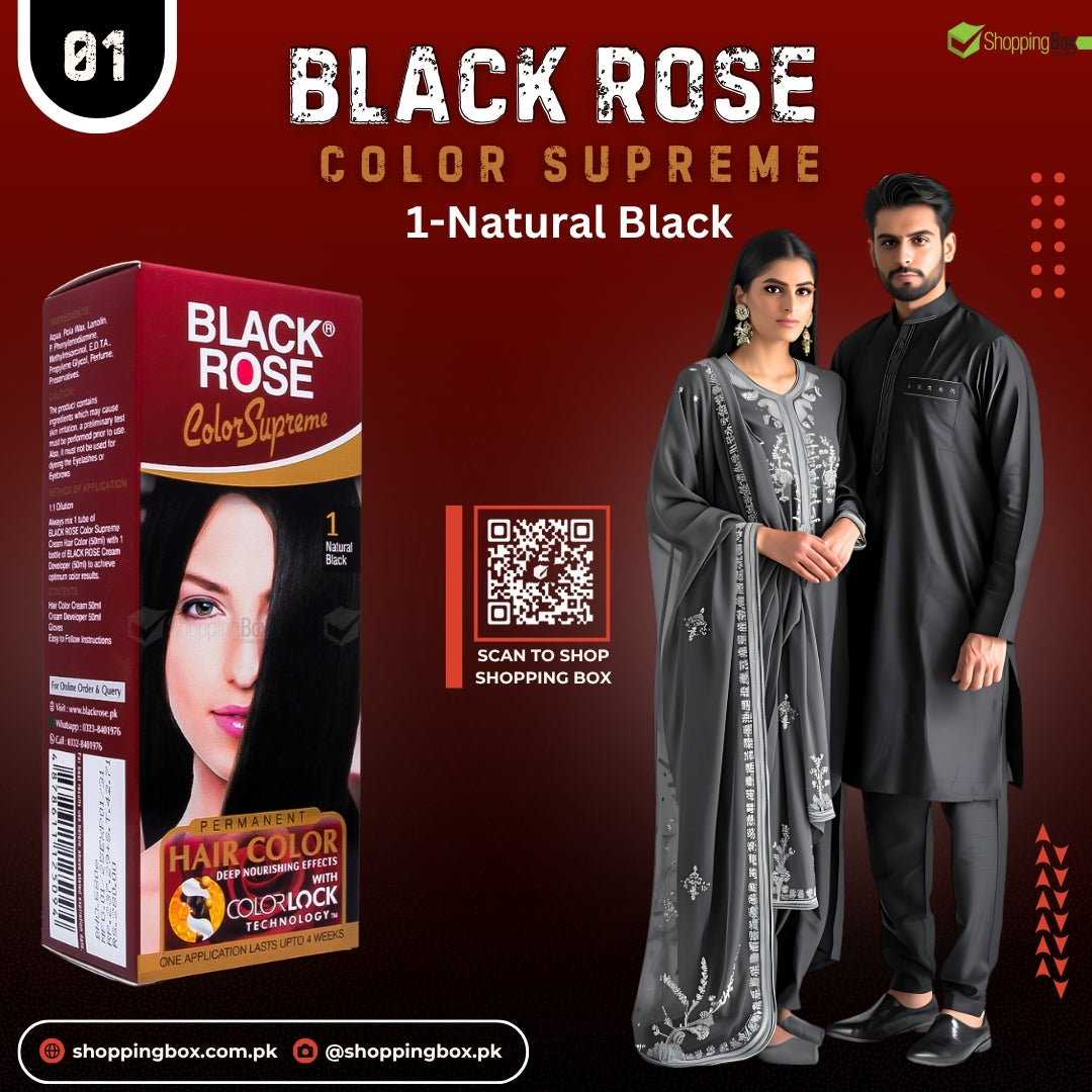 Black Rose Color Supreme 01 Natural Black – ammonia-free hair dye for shiny, healthy black hair in Pakistan