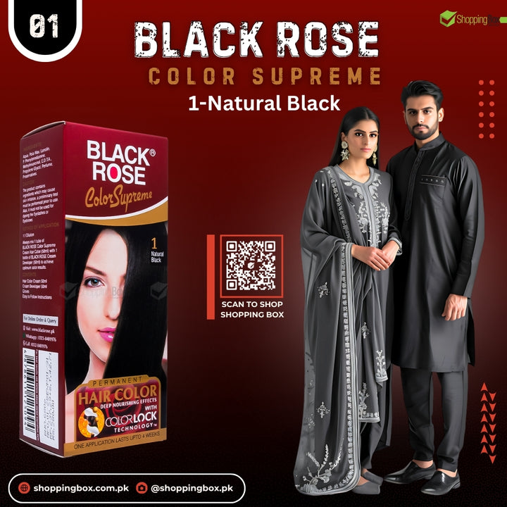 Black Rose Color Supreme 01 Natural Black – ammonia-free hair dye for shiny, healthy black hair in Pakistan