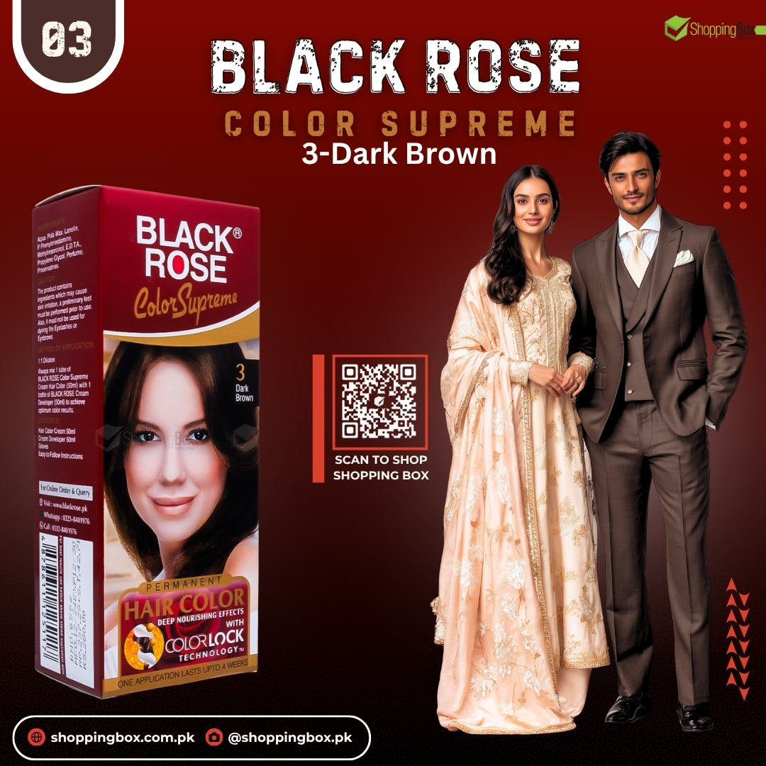 Black Rose Color Supreme hair color product with a man and woman model on a red background